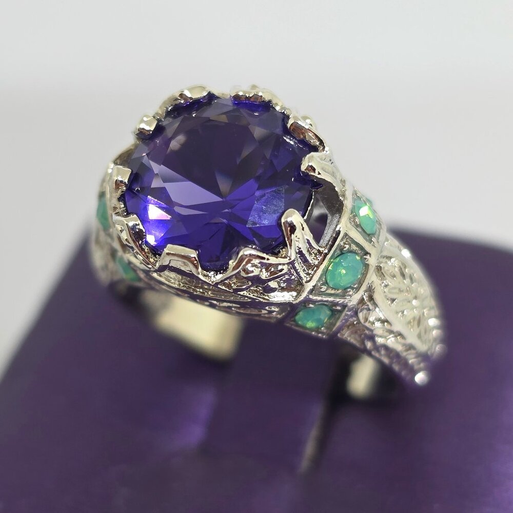 Faux Purple Amethyst Green Opal Filigree Silver Cocktail Ring Marked 925 SZ 7.25